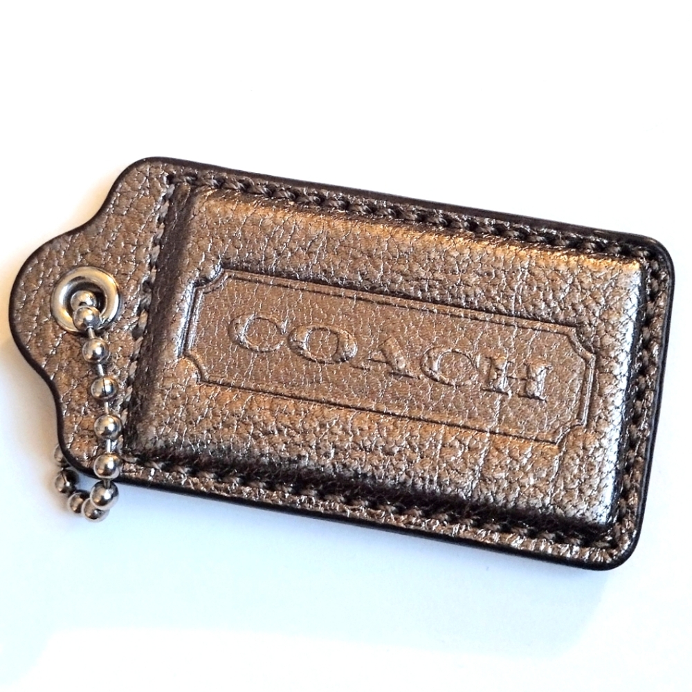🤎 3" XL Coach Vintage Metallic Espresso Brown Leather Hang Tag Bag Fob Keychain - Picture 2 of 6